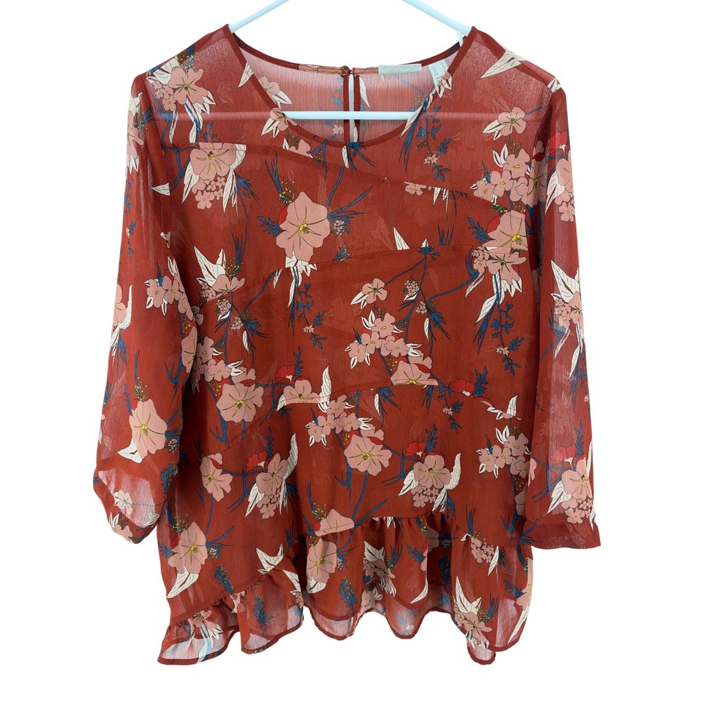 LOGO Lori Goldstein Sheer Boho Floral Peplum Top M Rust Red Whimsigoth Fall